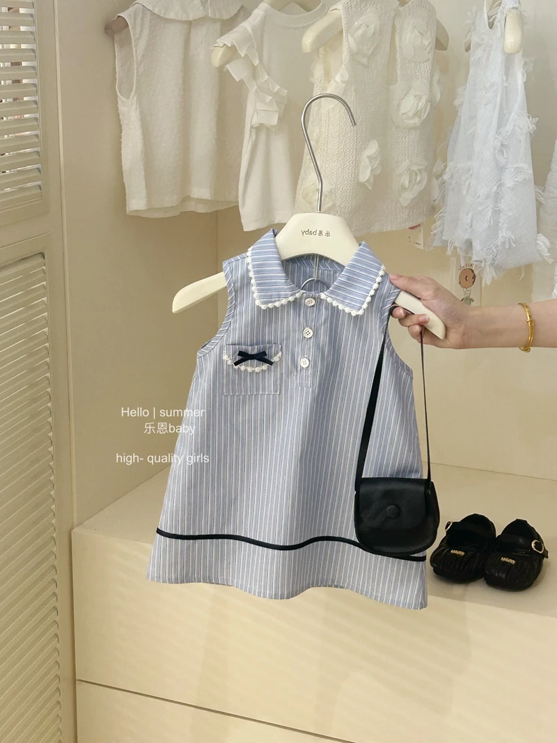 【乐恩童装】女童夏季蓝色条纹背心裙宝宝洋气时髦翻领连衣裙公主裙