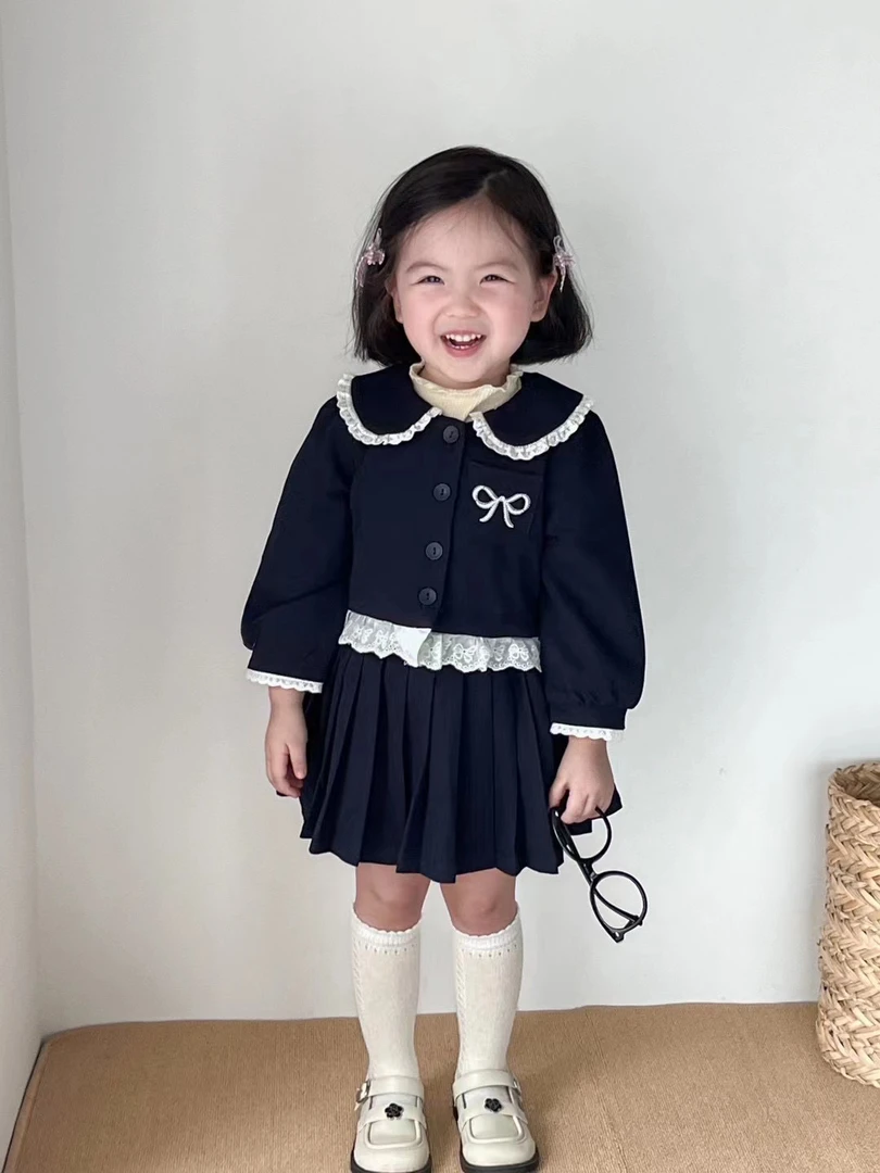 【乐恩童装】女童秋季藏蓝学院风花边开衫百褶半身裙套装宝宝两件套