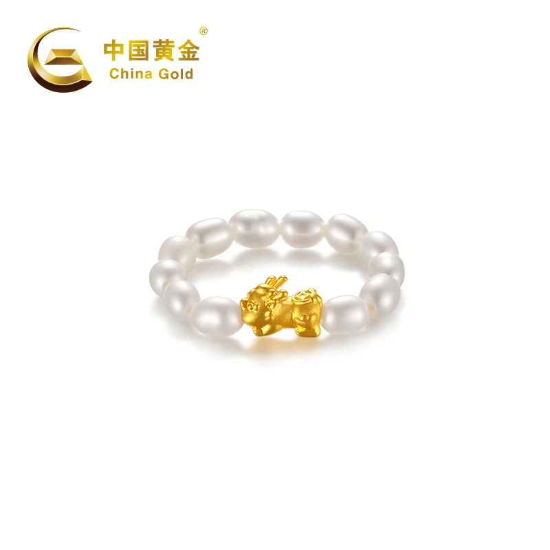 足金【中国黄金】B20201#足金招米来 吞金兽珍珠戒指轻奢五金女孩