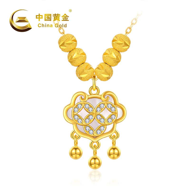 【中国黄金】SY2957#招米平安锁 S925银镶贝母项链吊坠古风五金女孩