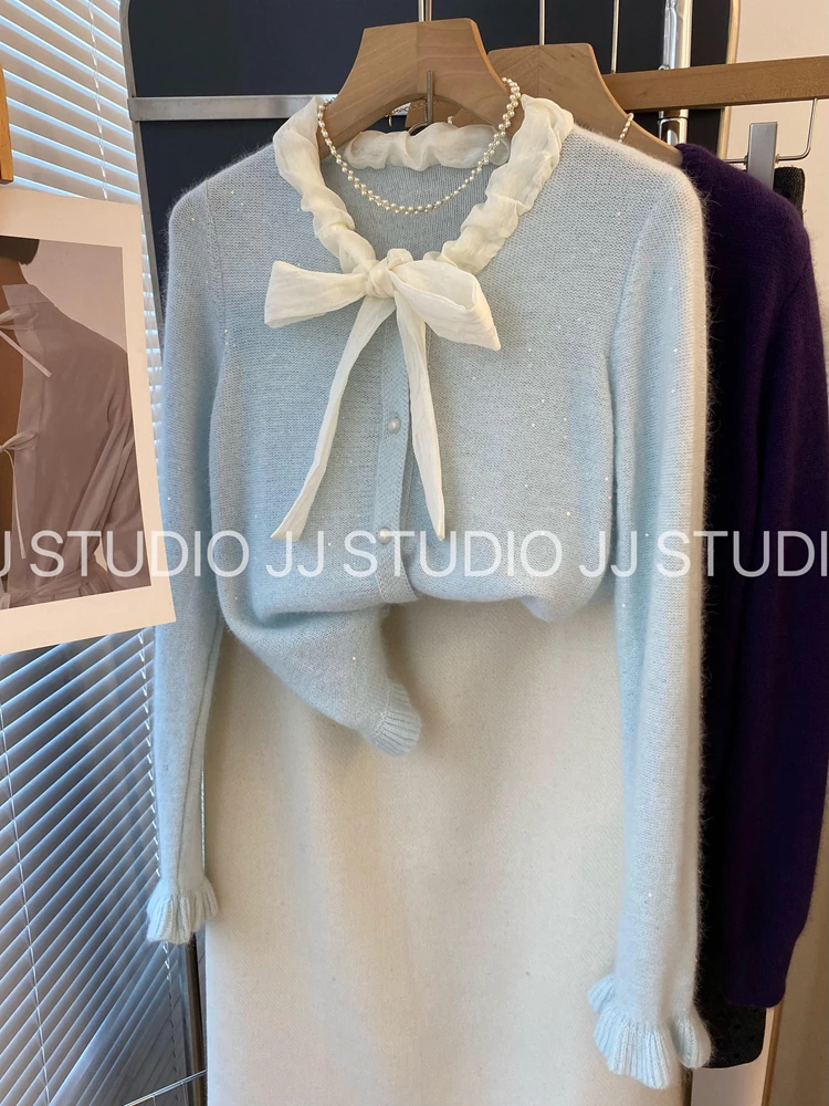 蓝色气质针织开衫毛衣外套女小个子打底内搭上衣慵懒风高级设计感