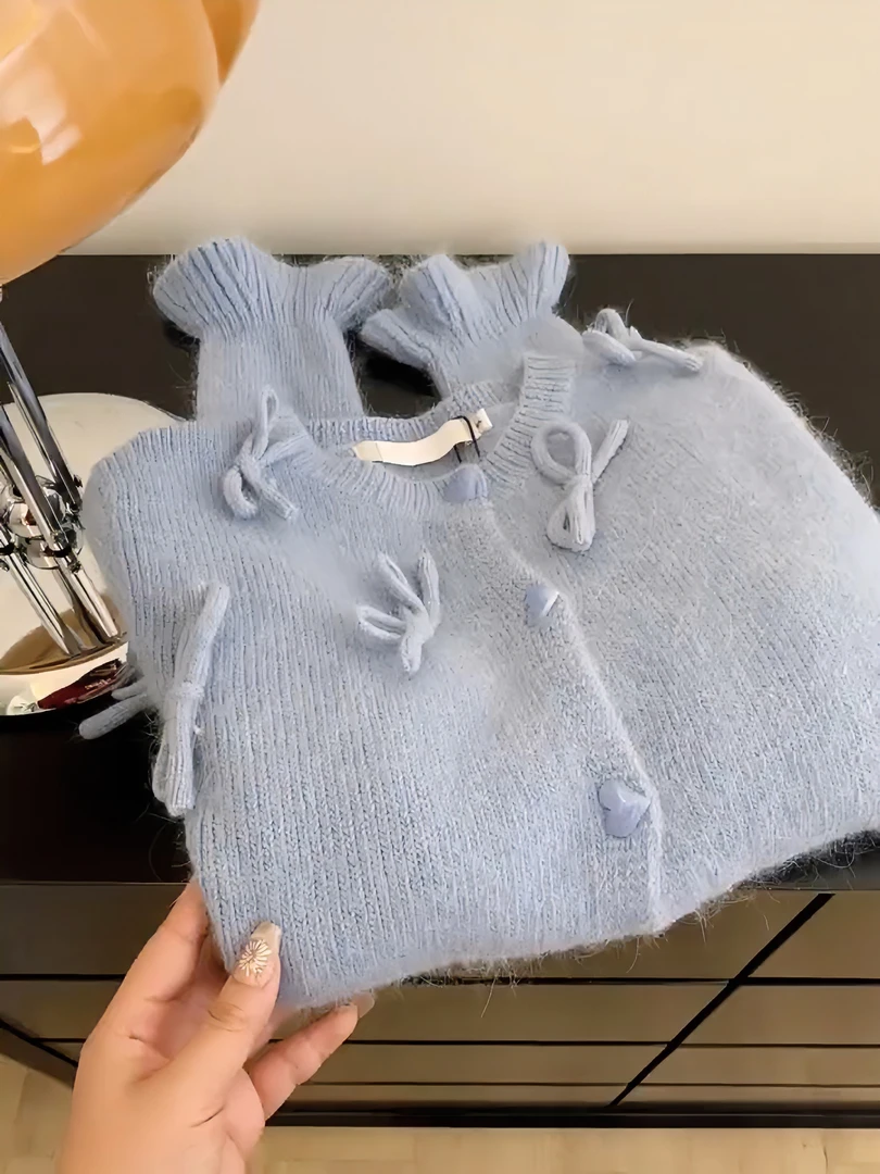 小个子高级感手工蝴蝶结毛衣2024秋冬季新款打底内搭针织开衫