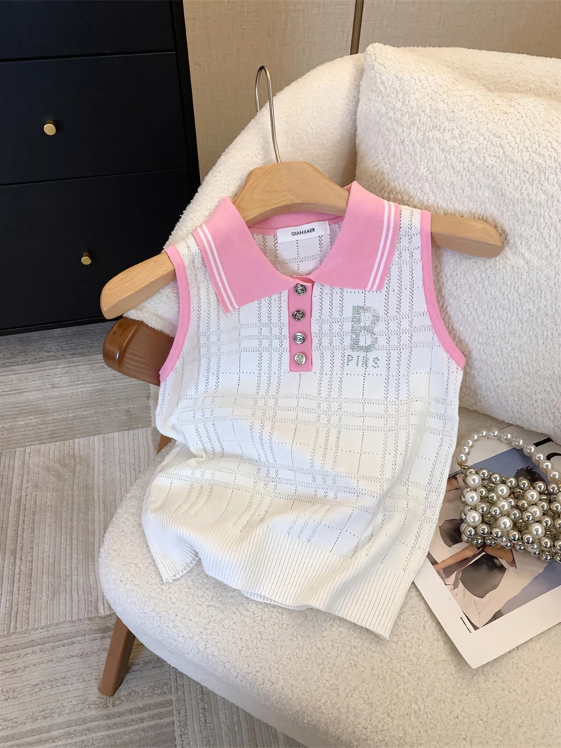 甜辣妹镶钻字母针织背心女夏款修身排扣Polo衫设计感小众无袖上衣