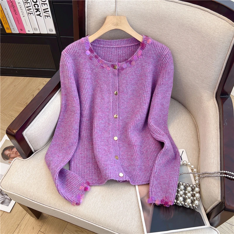 专柜撤回剪标法式紫色亮片毛衣开衫女秋冬新款高级感软糯针织外套