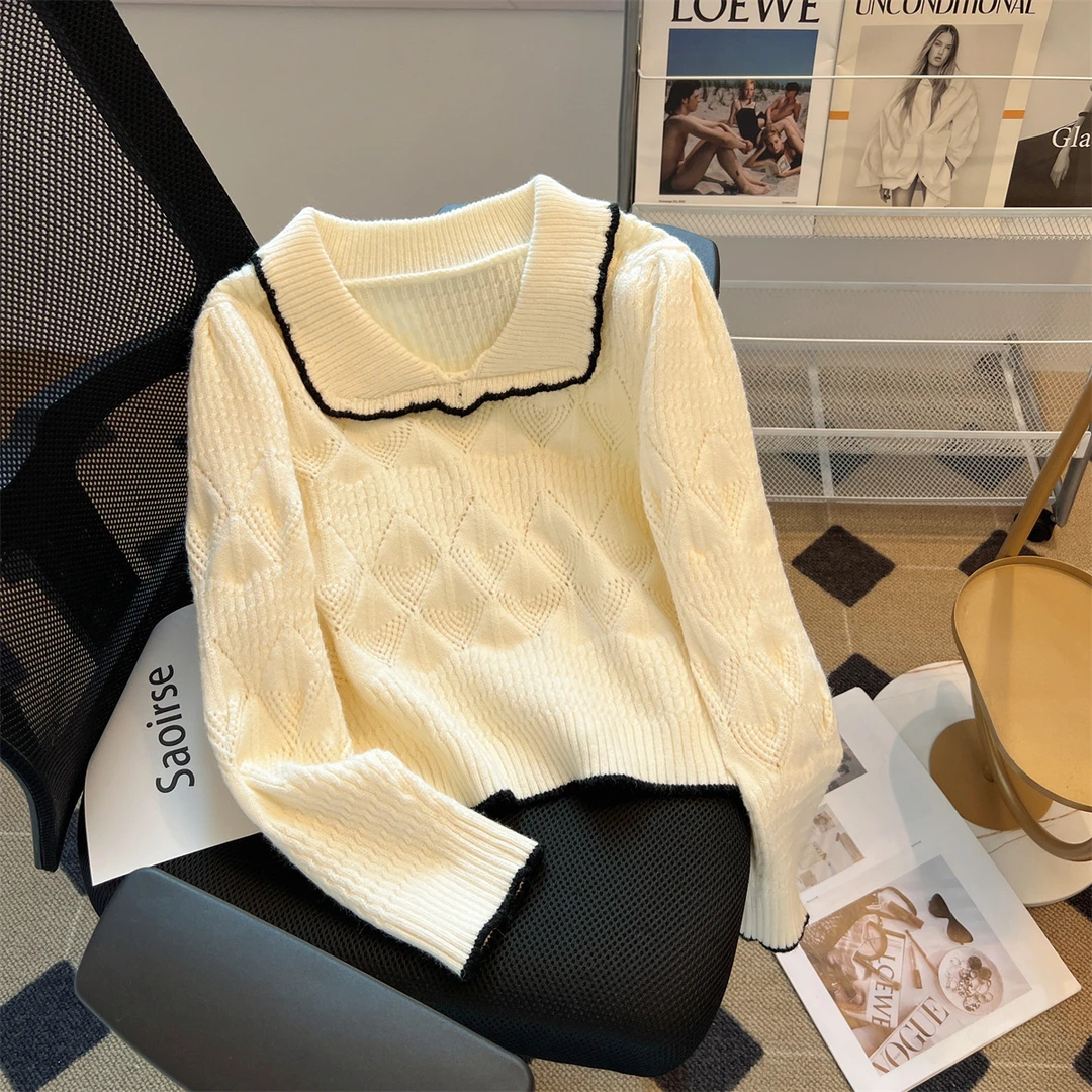 复古慵懒风娃娃领针织衫女秋冬新款设计感长袖打底毛衣小个子上衣