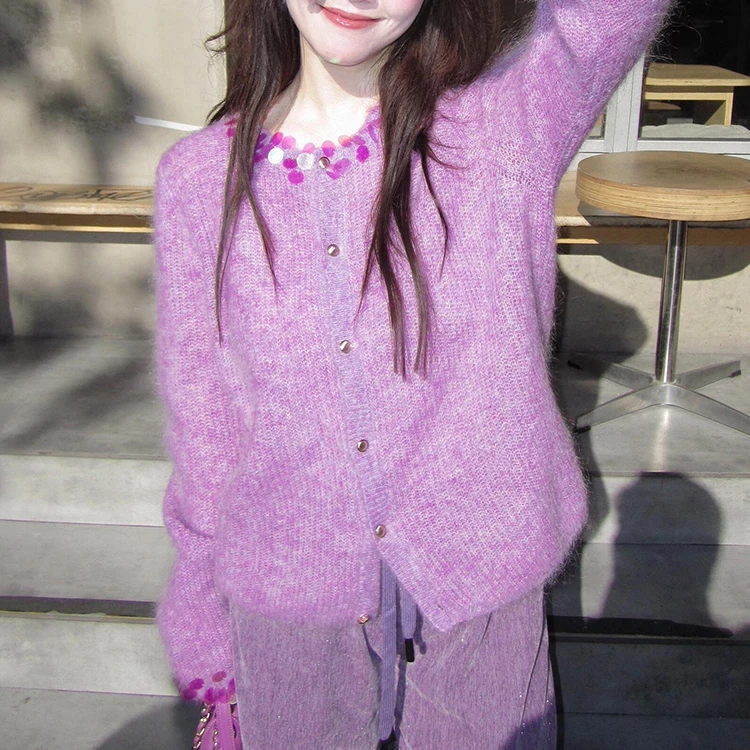 紫色宽松气质针织开衫毛衣外套女早秋chic上衣小个子穿搭温柔风