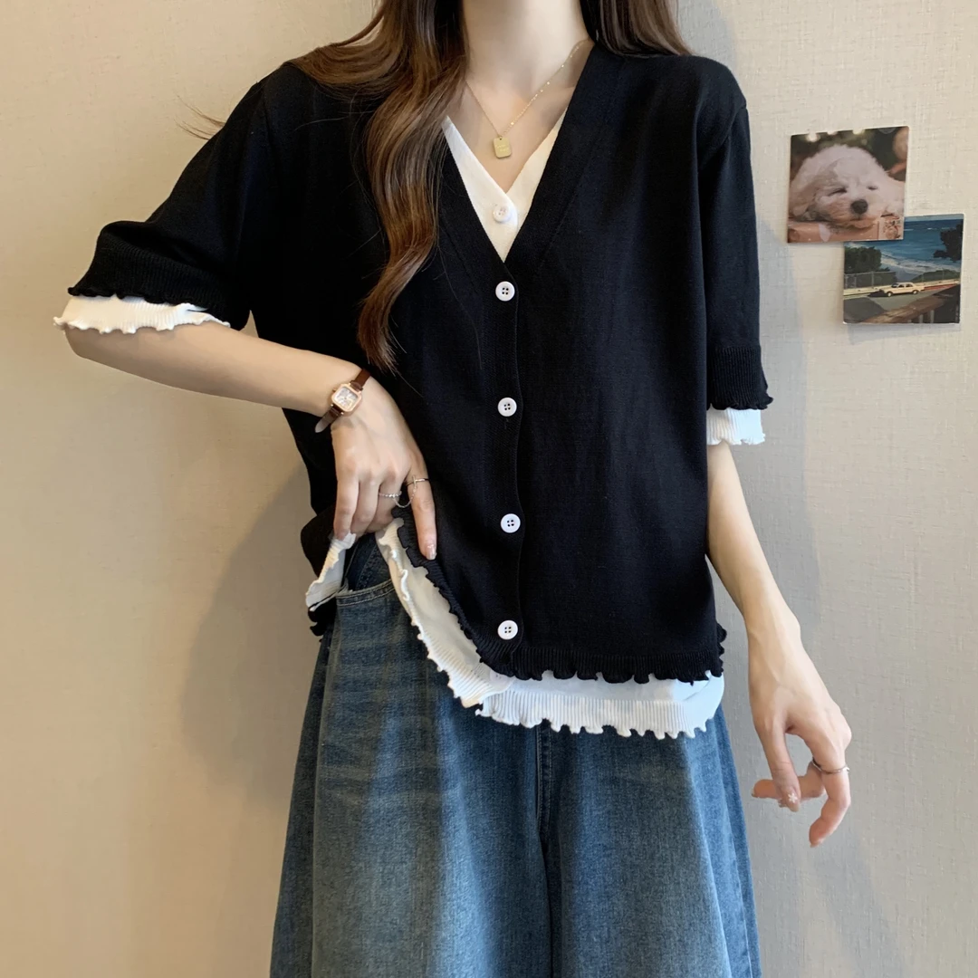 哺乳上衣开衫夏季外出V领假两件产后显瘦短袖洋气喂奶月子服潮