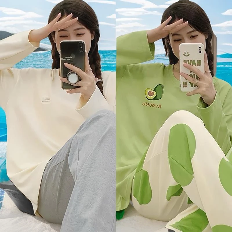 买一送一睡衣女春秋甜美女款休闲宽松圆领大码简约韩版运动家居服