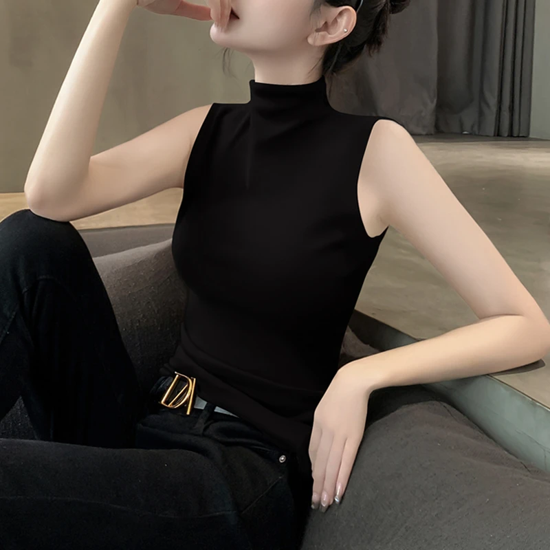 莫代尔半高领背心款女夏季新款内搭无袖上衣高级感小众黑色打底衫