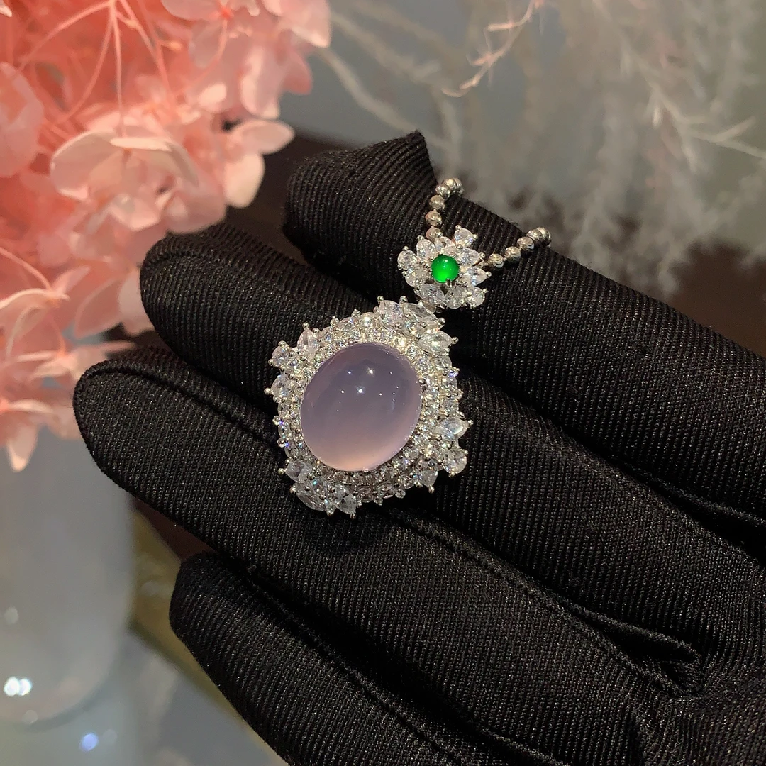 S925银镶嵌天然帝紫玉髓蛋面吊坠紫罗兰小众玉石鸽子蛋百搭款挂件