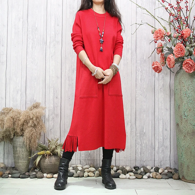 絮缦原创宽松大码针织流苏连衣裙修身显瘦保暖纯色百搭秋冬打底裙