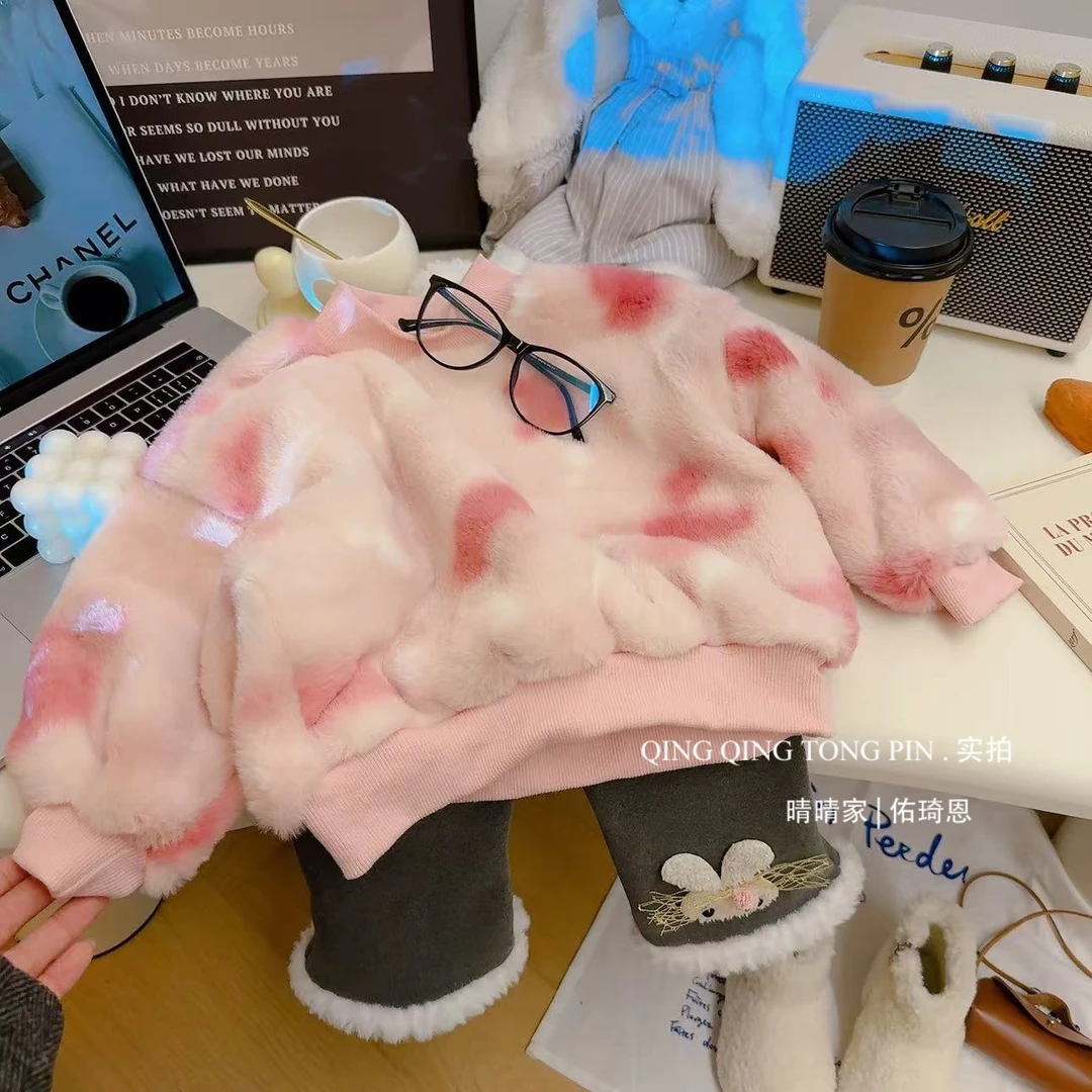 女童卫衣冬季新毛毛衣打底裤套装男女宝宝加绒加厚保暖上衣两件套