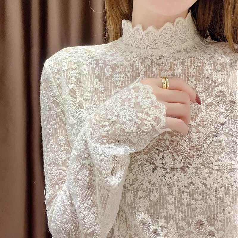 白色纯棉蕾丝打底衫女2025新款秋冬洋气半高领内搭高级感上衣长袖