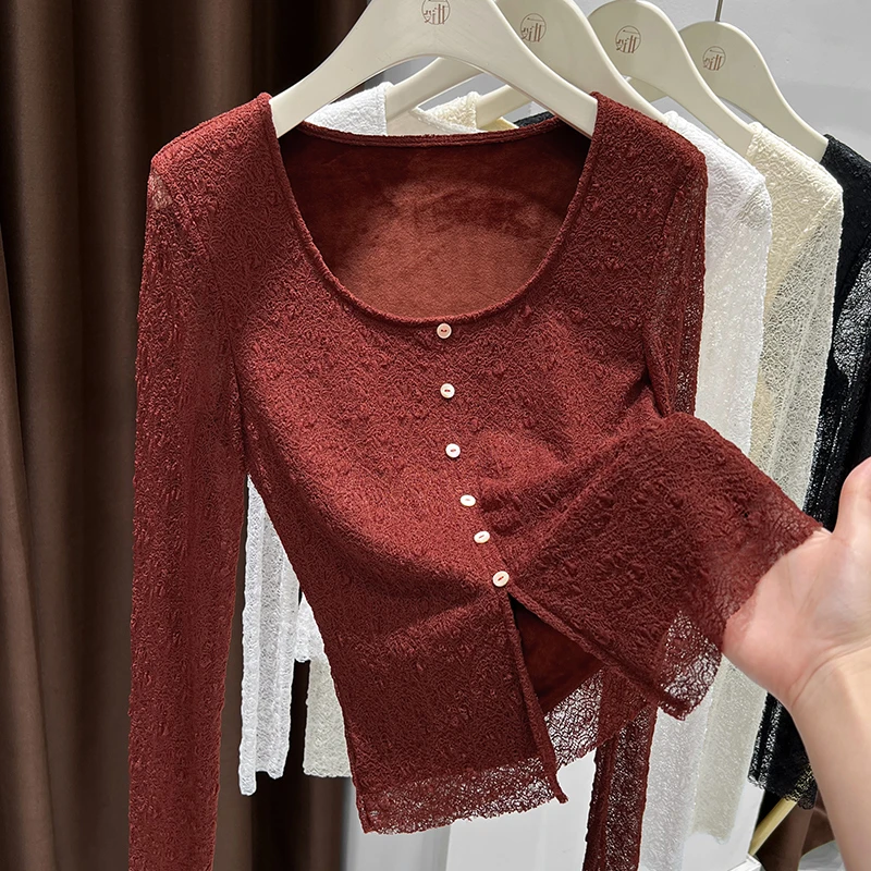小香风蕾丝提花红色加绒打底衫秋季设计短款洋气漂亮减龄镂空T恤