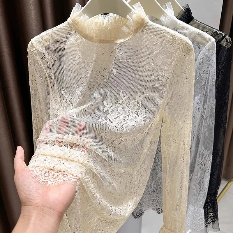 半高领镂空洋气蕾丝打底衫女款爆款2025新款设计感喇叭袖洋气上头