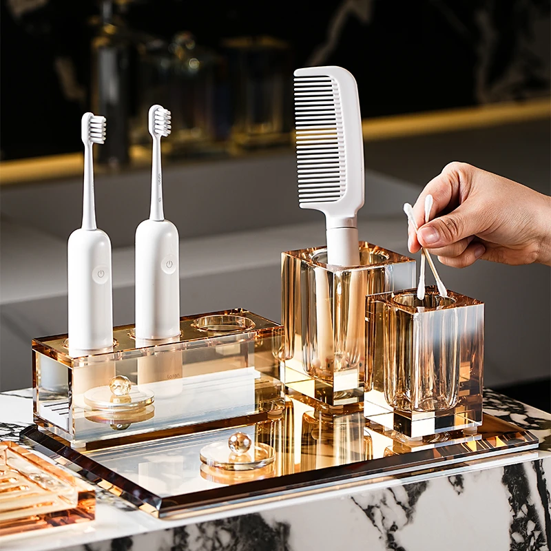 奥洛嘉创意水晶玻璃吸水电动牙刷牙刷架洗漱台面漱口牙杯收纳套装