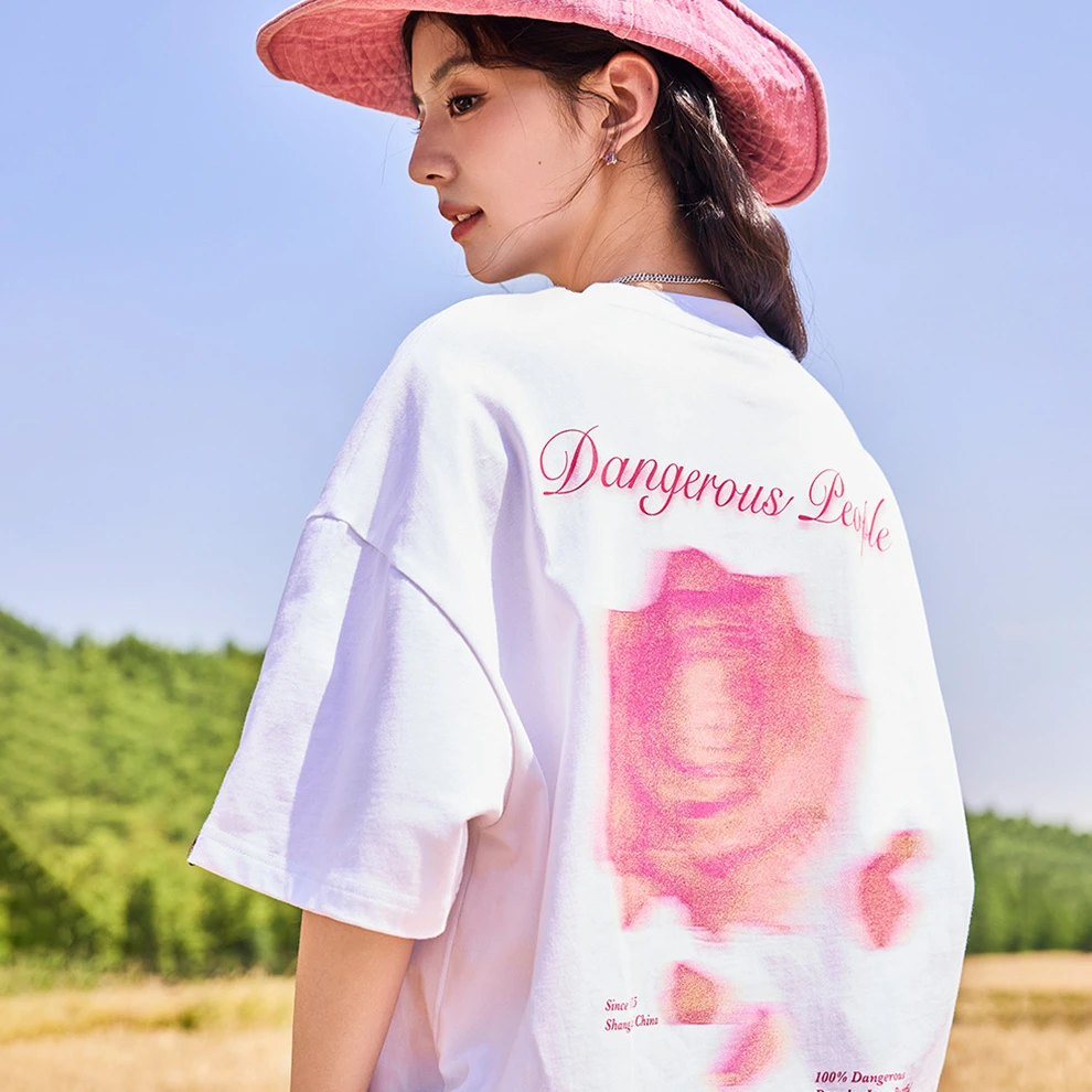 Dangerouspeople薛之谦dsp模糊玫瑰夏季透气简约宽松百搭短袖T恤