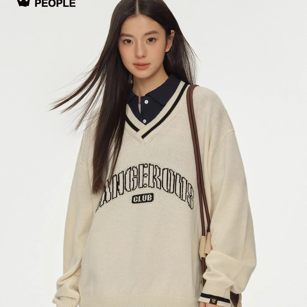 Dangerouspeople薛之谦dsp撞色嵌花V领宽松学院风百搭针织衫毛衣