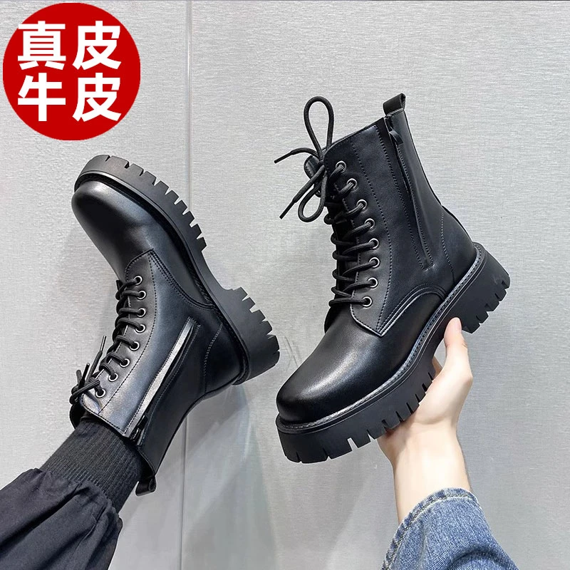 真皮马丁靴男高帮6cm增高侧拉链八孔机车靴8cm隐形内增高加绒皮靴