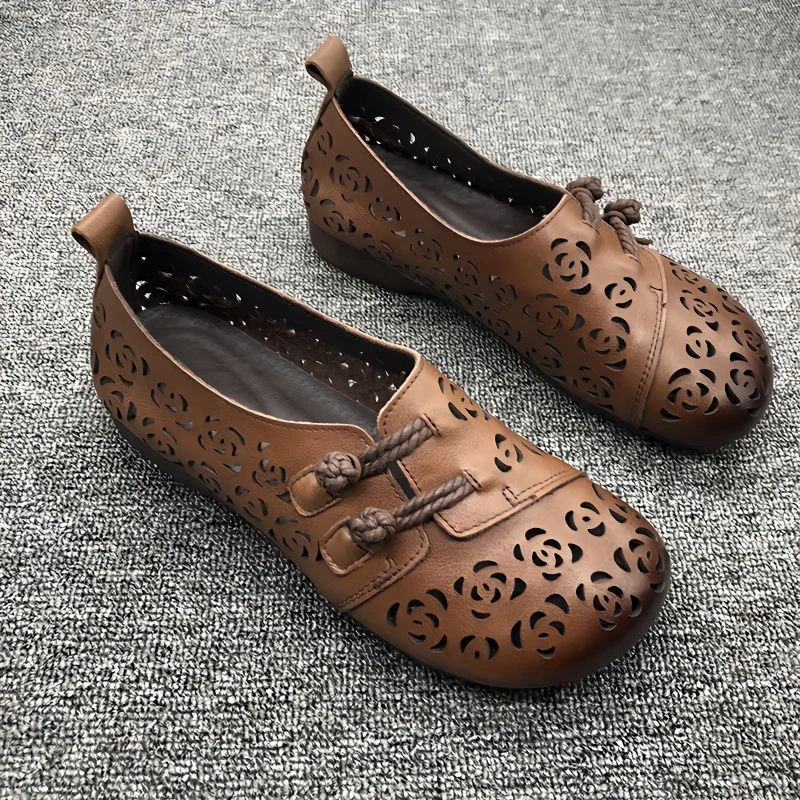 夏新款真软皮凉鞋手工复古镂空透气牛筋底防滑洞洞鞋平底妈妈凉鞋
