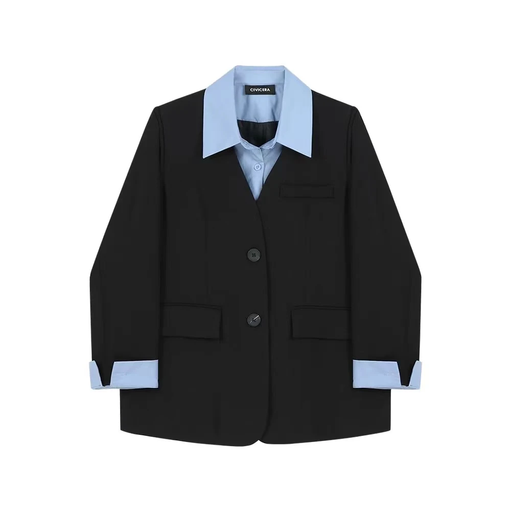 Y4拼接假两件衬衫西装女外套春秋2024新款港味设计感小西服