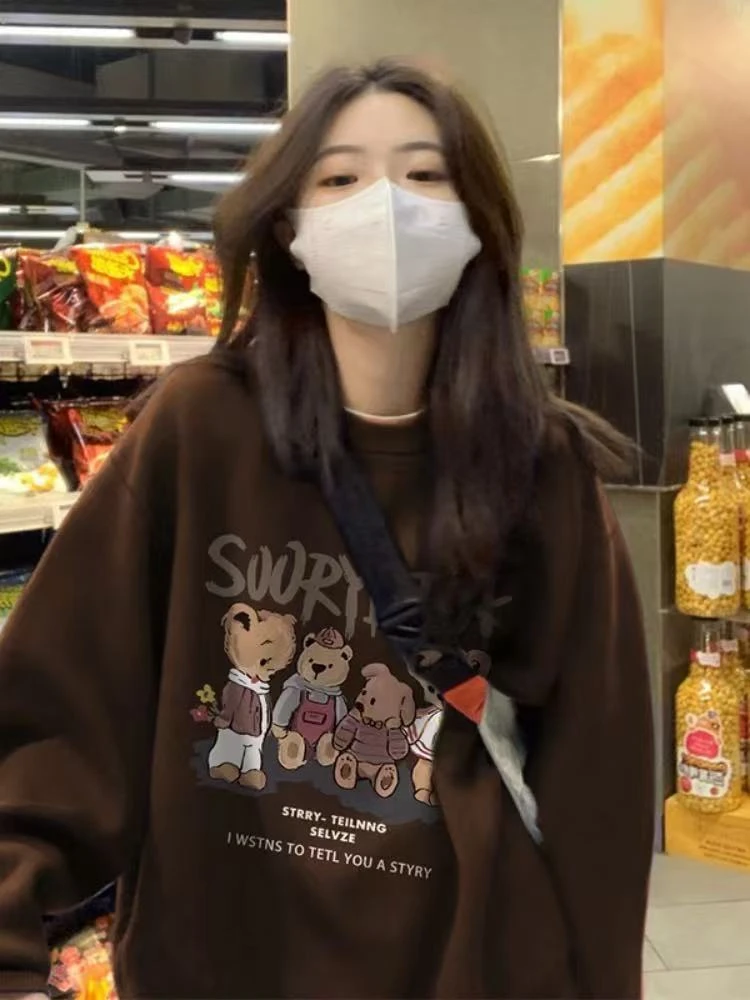 A64美拉德穿搭棕色春秋圆领无帽oversize加绒卫衣女秋冬2024新款