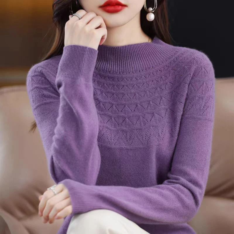 A68半高立领镂空花纹显瘦针织毛衫2024冬季新款品牌折扣女装