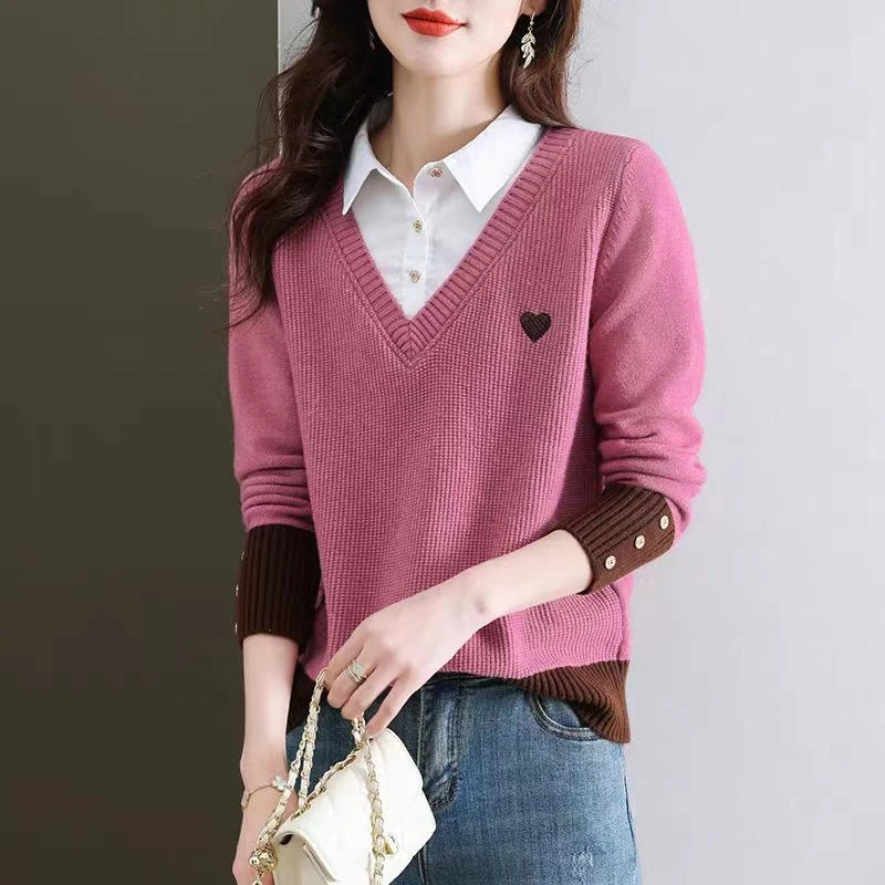 H29假两件衬衫女秋装2024新款设计感小众洋气宽松内搭上衣娃娃领