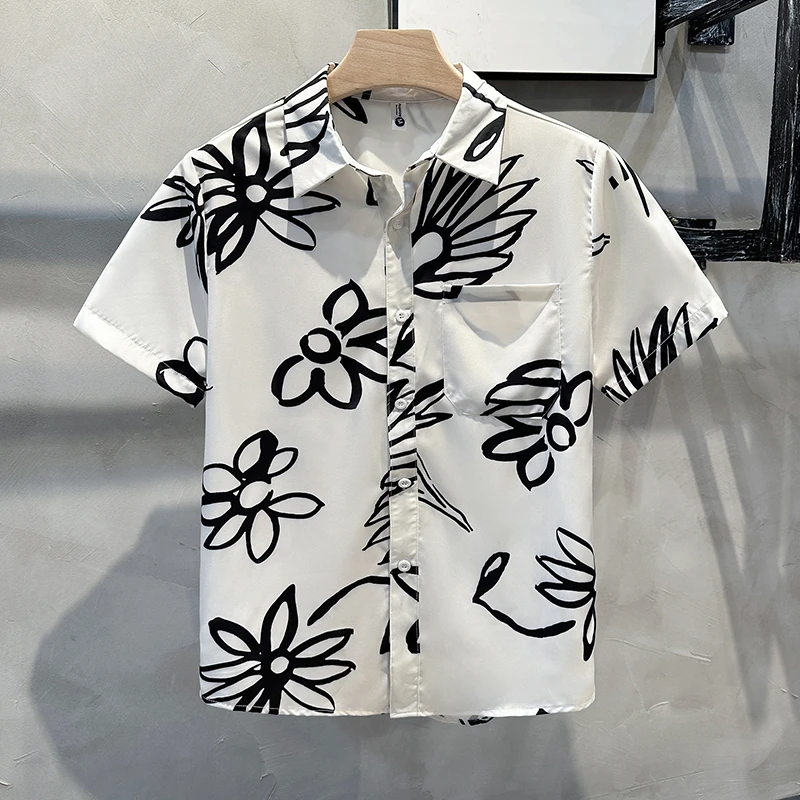 短袖衬衫男夏季美式复古潮牌痞帅满印花卉艺术感宽松休闲衬衣外套