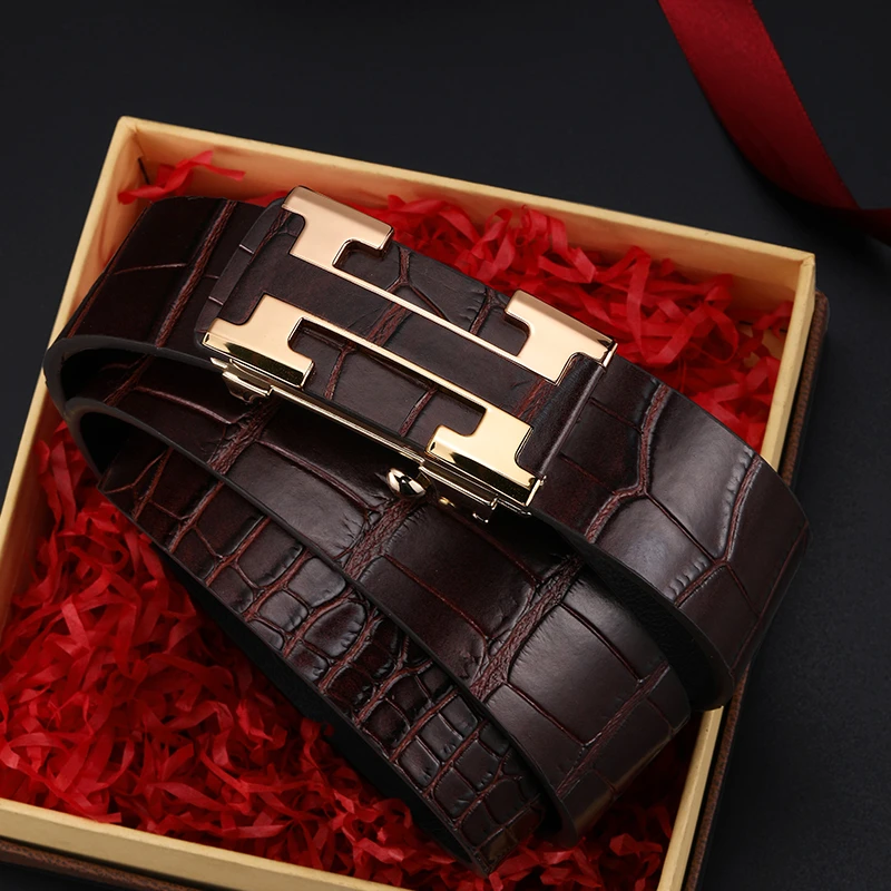 埃克袋鼠男士皮带自动扣腰带鳄鱼纹内穿皮带真牛皮商务百搭裤带