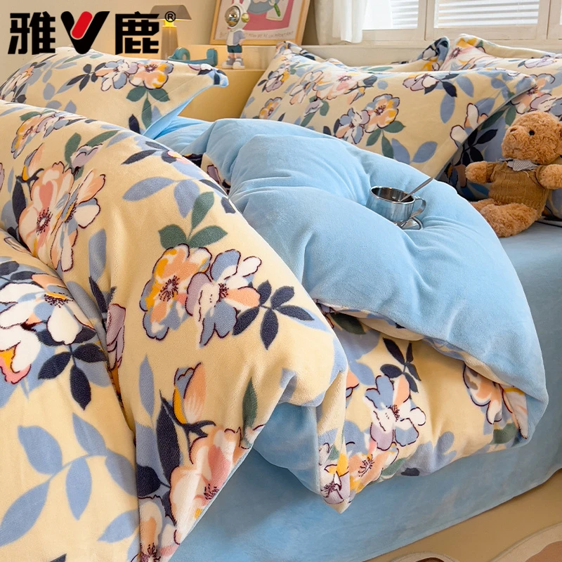 V/雅鹿牛奶绒被套单件加绒加厚被罩家用珊瑚绒学生宿舍单人被套罩