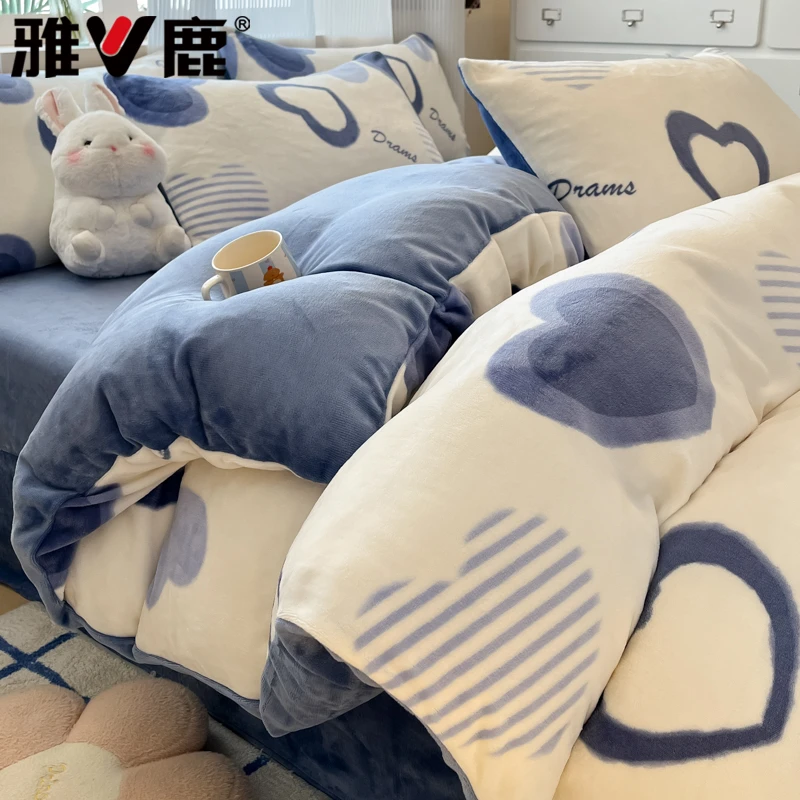 V/雅鹿冬季床上牛奶绒四件套加厚印花双面绒被套床单单人三件套