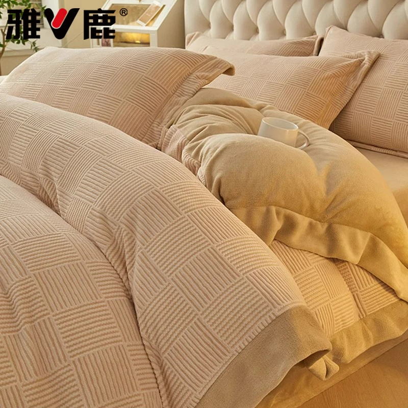 V/雅鹿轻奢高级牛奶绒床上四件套冬季雕花双面绒被罩套床单床品