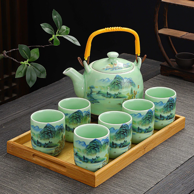 大号提梁壶茶具套装家用酒店茶壶陶瓷复古青花茶壶茶杯整套带托盘