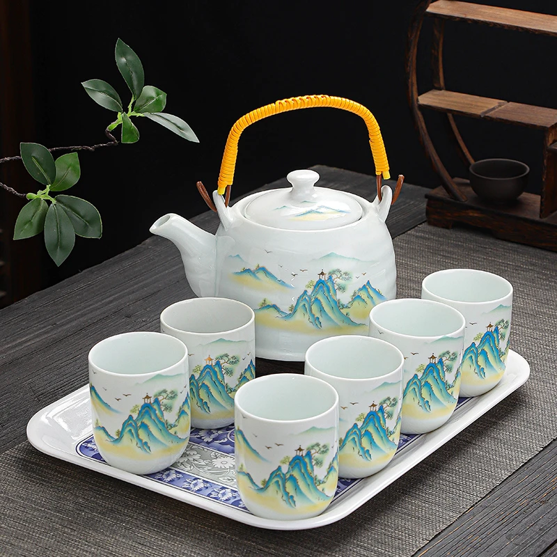 大号泡茶壶家用茶杯套装陶瓷茶壶整套青花瓷提梁壶茶具套装家用