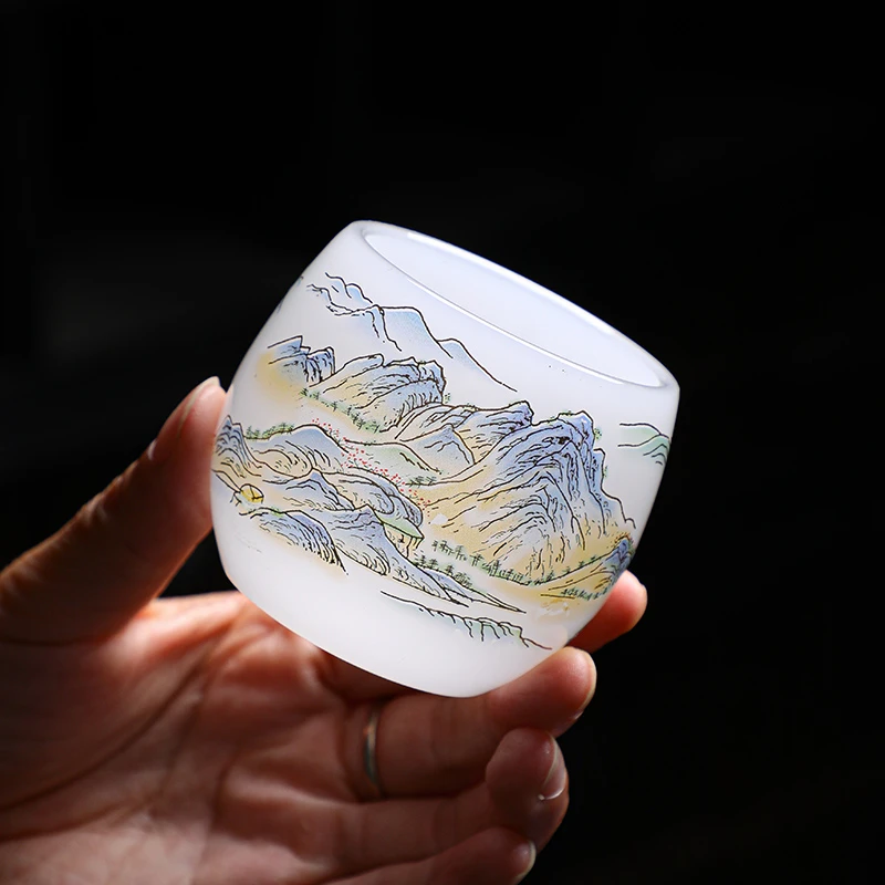 千里江山玉瓷琉璃主人杯专用高端中式茶杯山水杯高档建盏客杯隔热