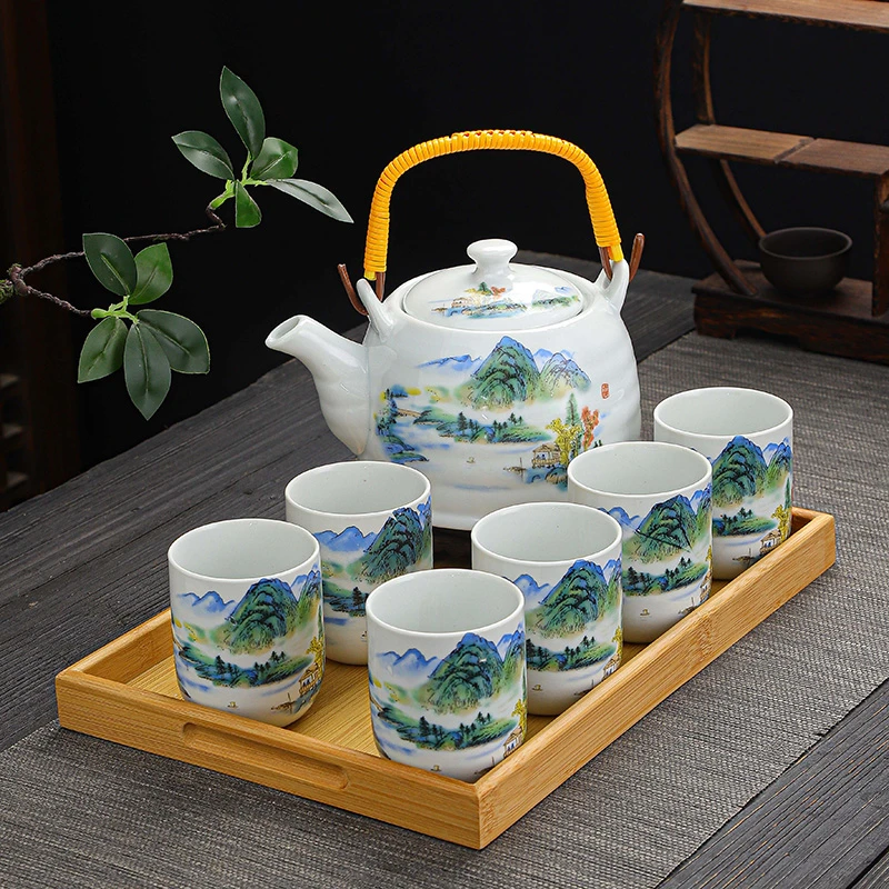 大号提梁壶茶具套装家用酒店茶壶陶瓷复古青花茶壶茶杯整套带托盘