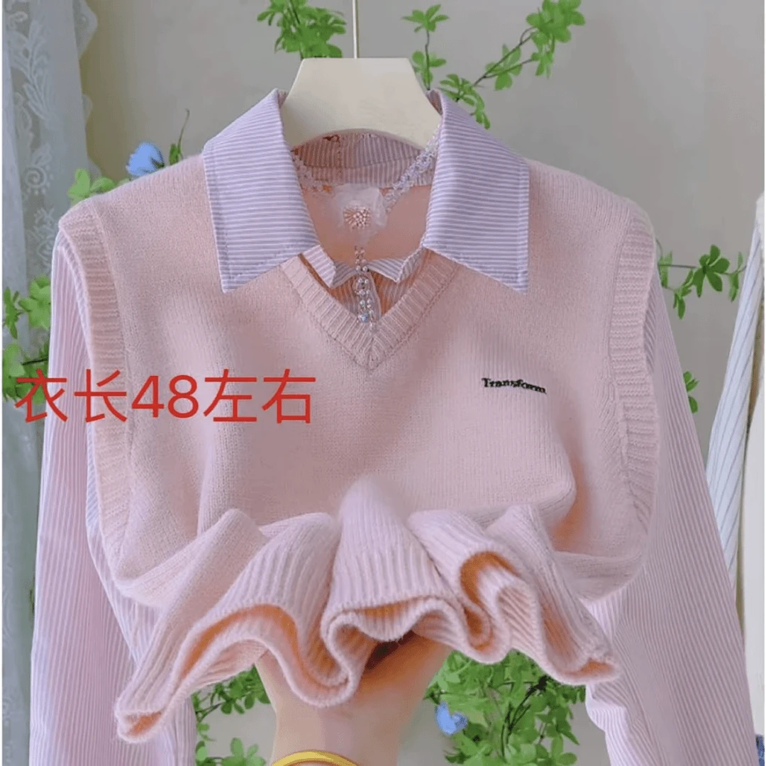 467-条纹衬衣拼接针织马甲假两件套秋冬新款毛衣
