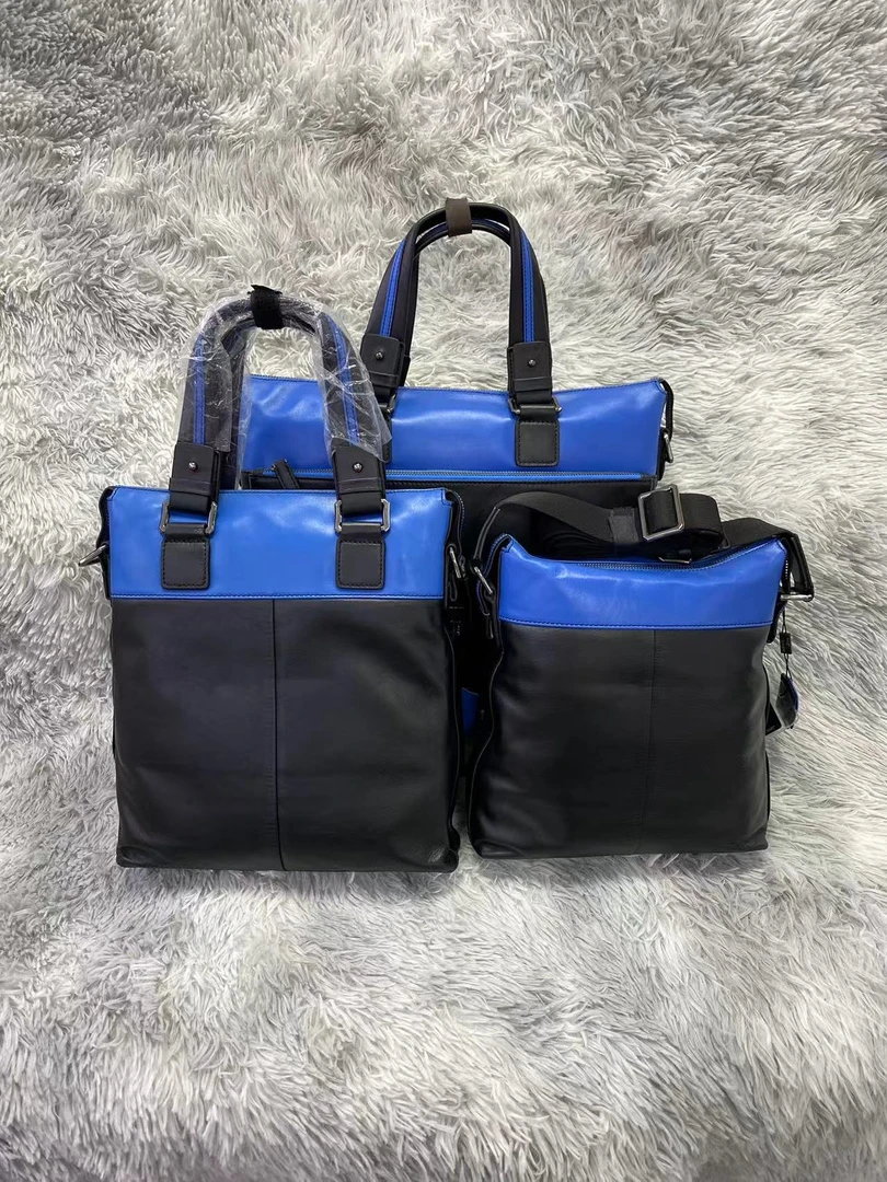 纳帕牛皮拼色男款拎包蓝色时尚休闲真皮黑色百搭潮流经典高品质