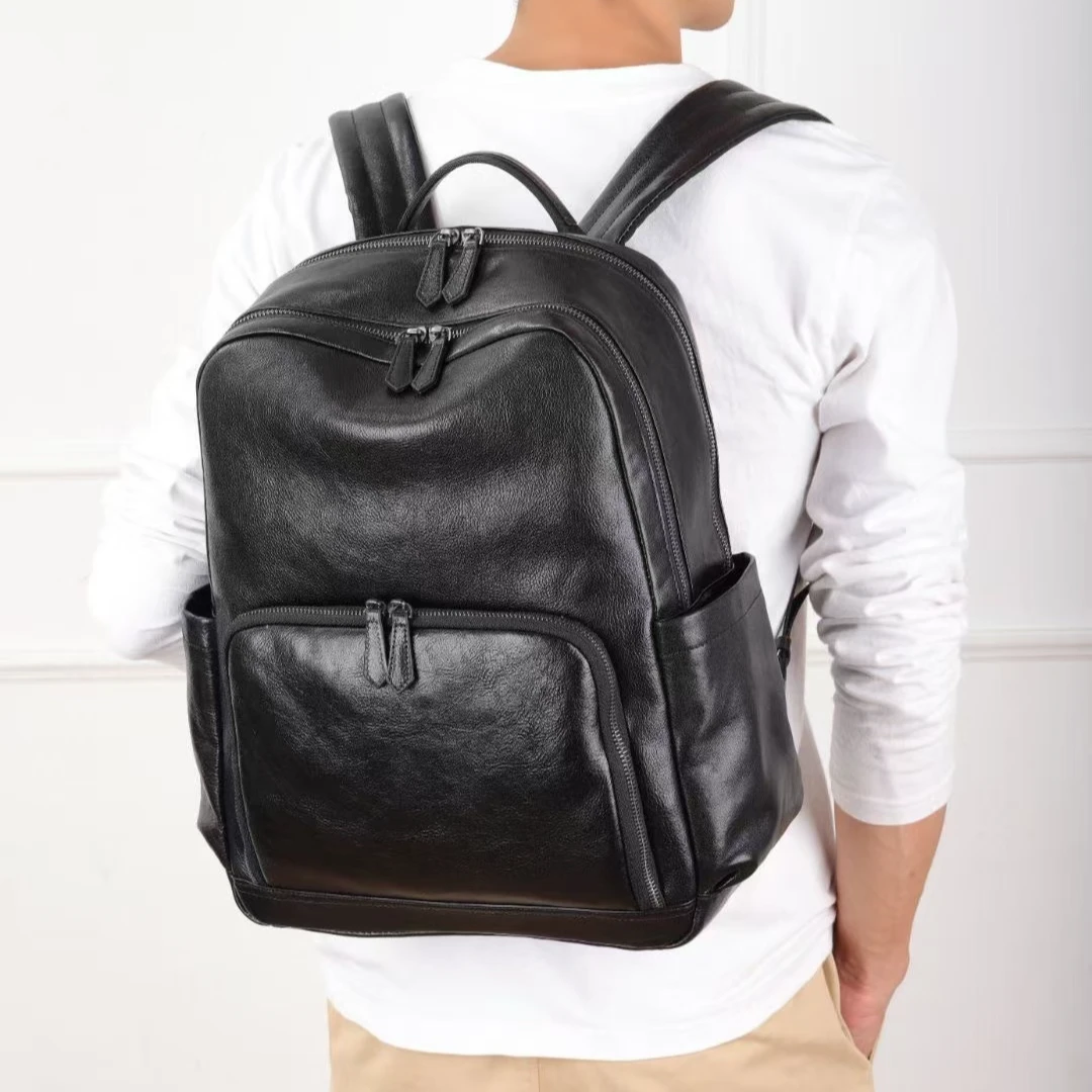 66102-5水晶植鞣牛皮黑色男士双肩包时尚百搭纯色潮流质感韩版