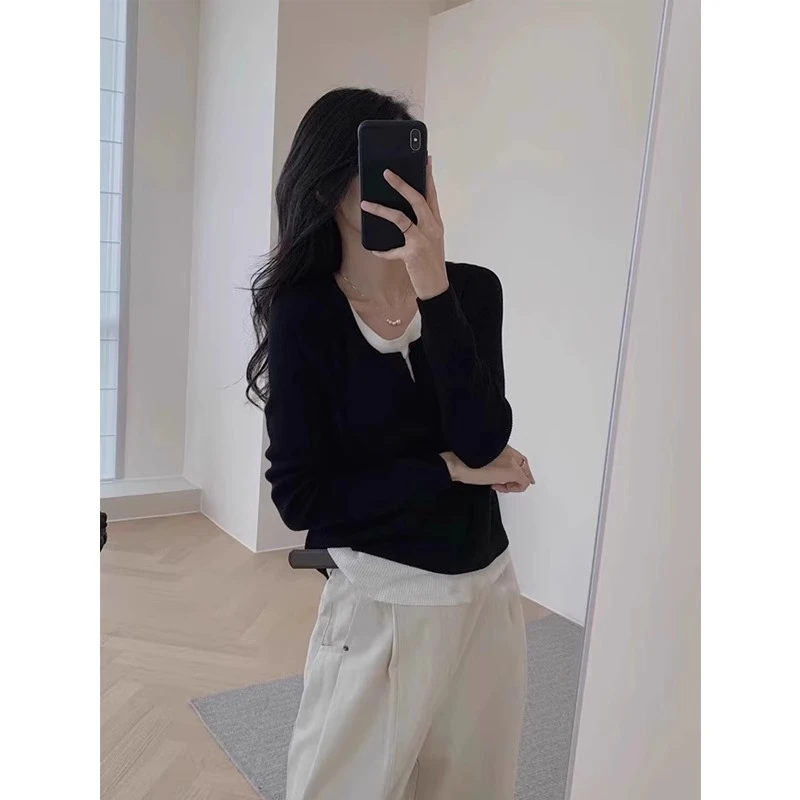 v领假两件内搭上衣女2024年秋季设计感百搭套头长袖针织衫毛衣女