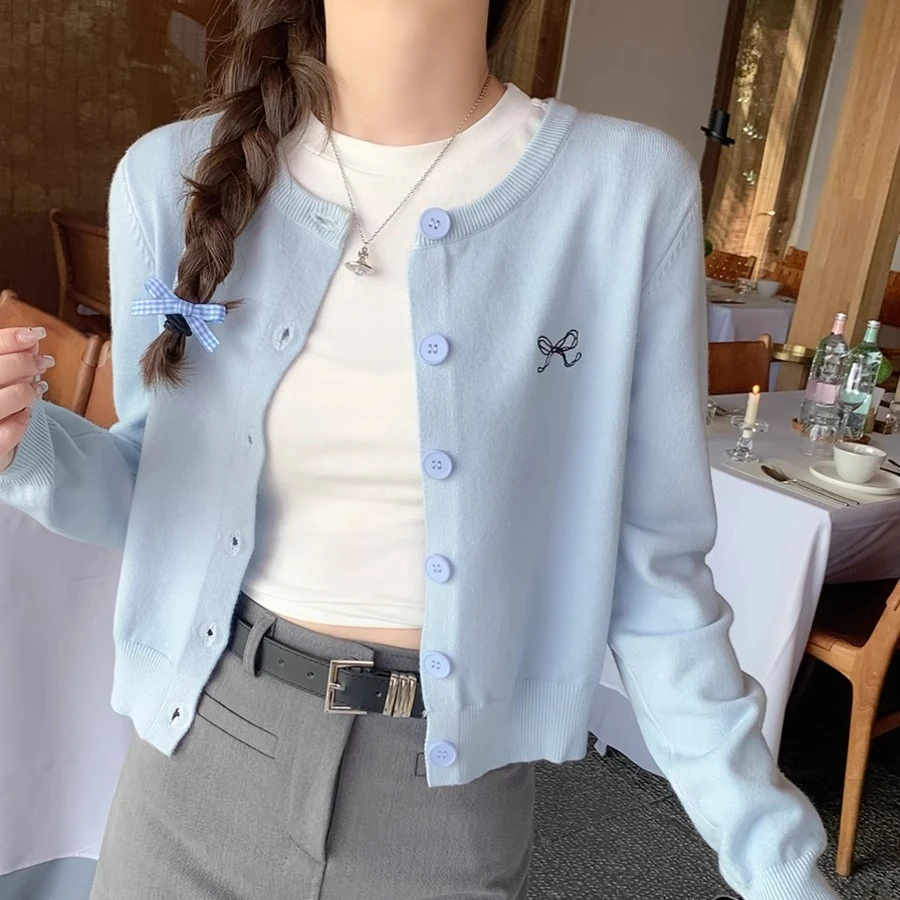 蝴蝶结刺绣开衫上衣2024秋季新款甜美减龄外套显瘦百搭针织衫女