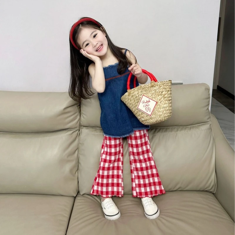 2024春夏新款女童韩版吊带牛仔背心 米红色格子针织裤中小童显瘦