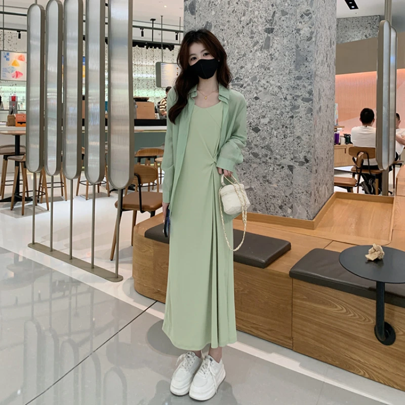 网红时尚设计师新款新中式防晒衬衫+收腰显瘦吊带连衣裙两件套装