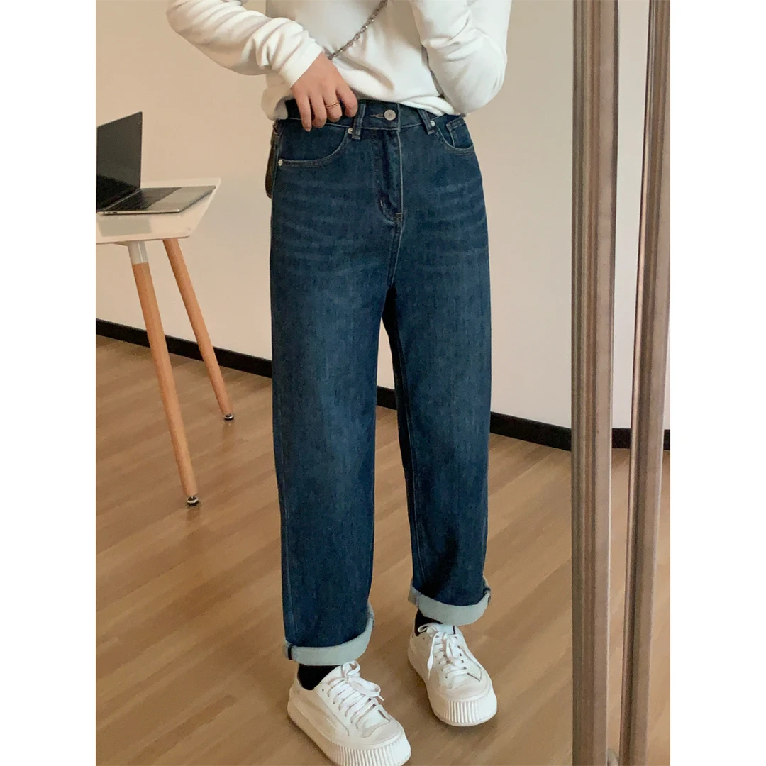 【JMHH】高士绒显瘦牛仔裤女冬深蓝色加绒加厚宽松窄版直筒休闲长裤