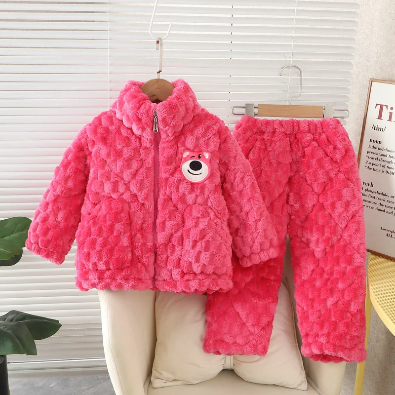 冬季女童睡衣三层加厚夹棉法兰绒中大童亲子装儿童拉链家居服套装