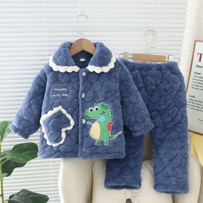 冬款儿童睡衣法兰绒三层加厚夹棉男童孩子宝宝恐龙家居服保暖套装
