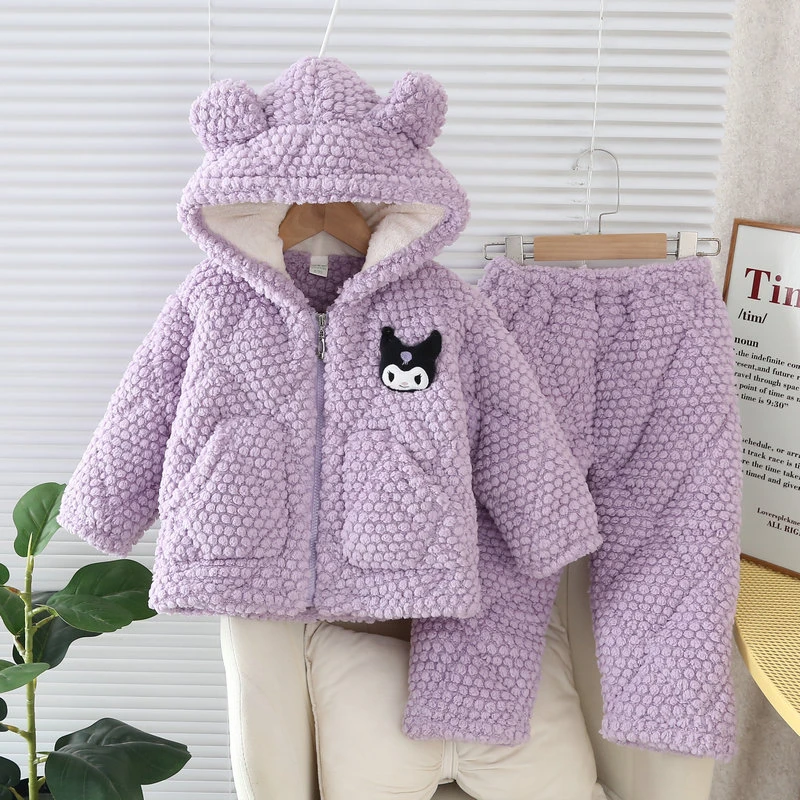 冬季女童睡衣三层加厚夹棉套装女孩中大童珊瑚绒亲子装家居服带帽