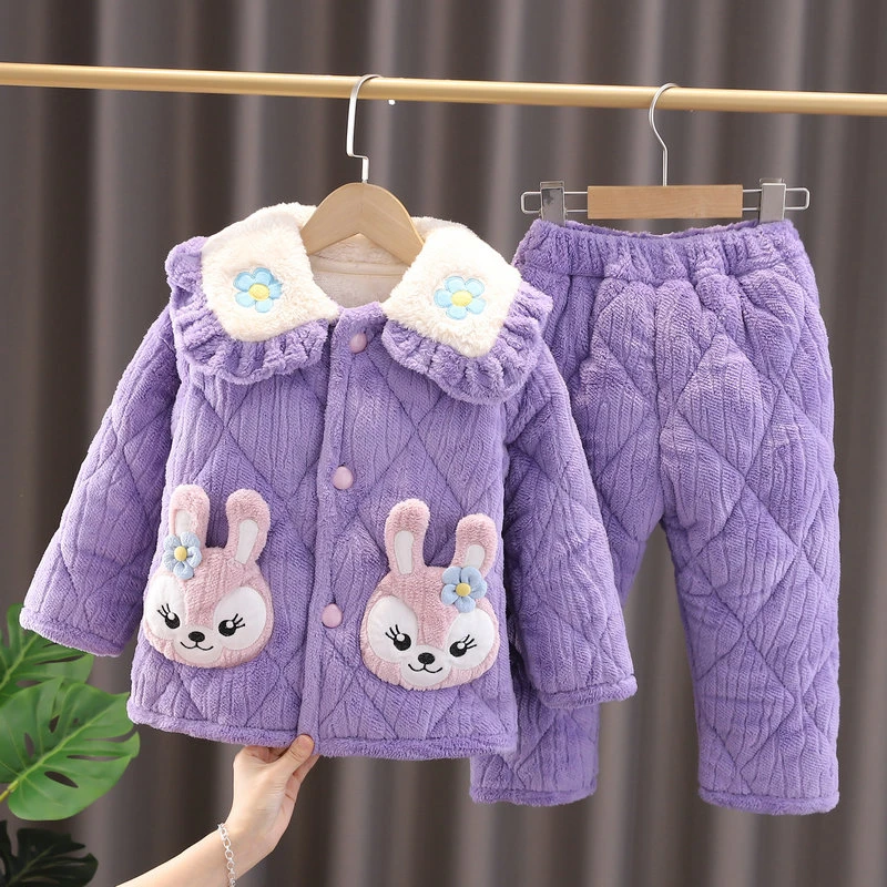 儿童睡衣冬季女童法兰绒小孩三层夹棉珊瑚绒加绒加厚款宝宝家居服
