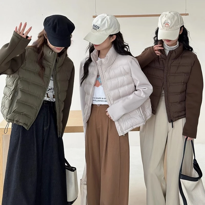 2024秋冬新款轻薄棉服女小个子立领拼接夹克外套洋气美式修身短款